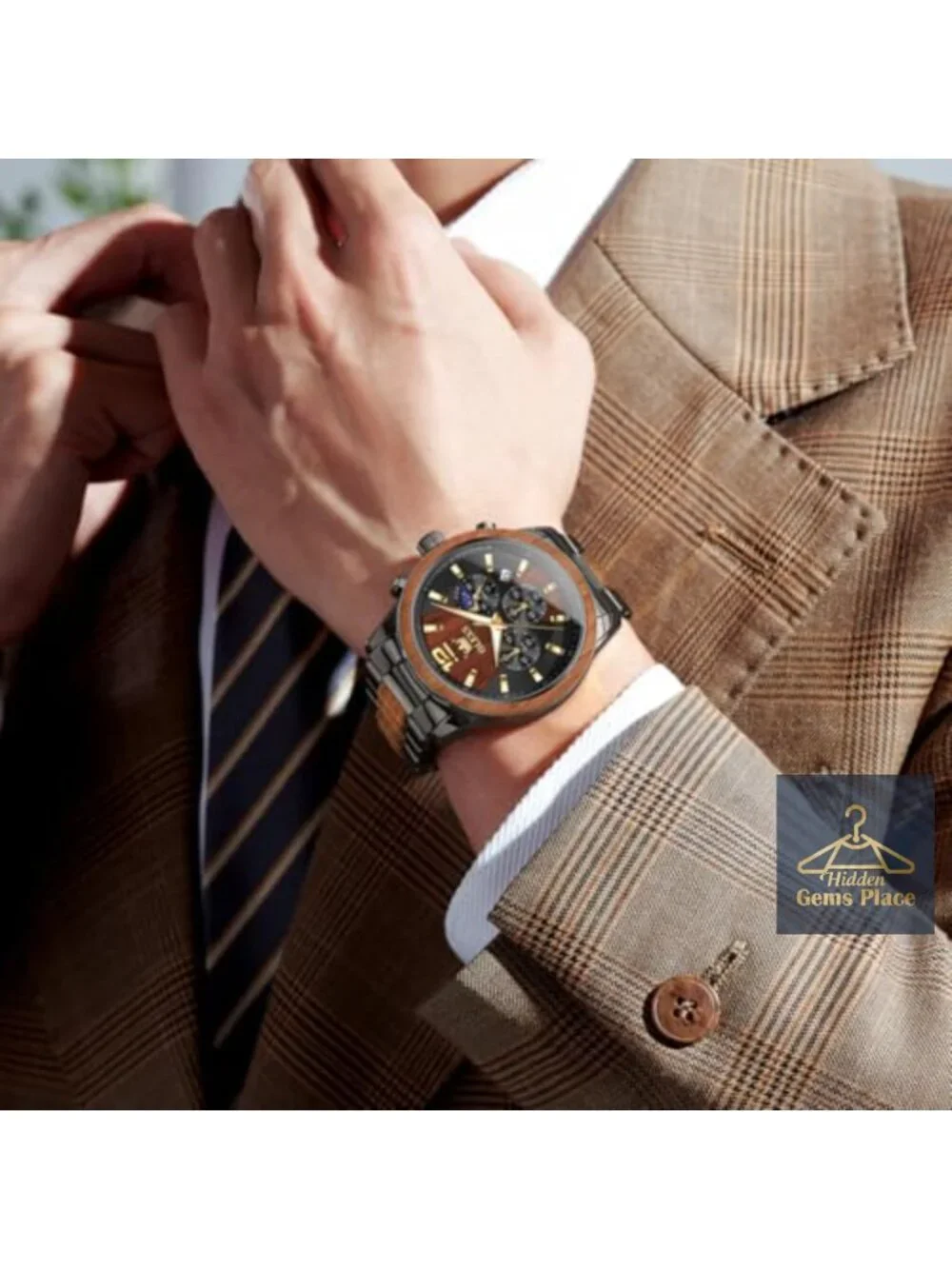 Wooden Men's Dress Chronograph Watch Quartz Analog Stainless Steel Waterproof